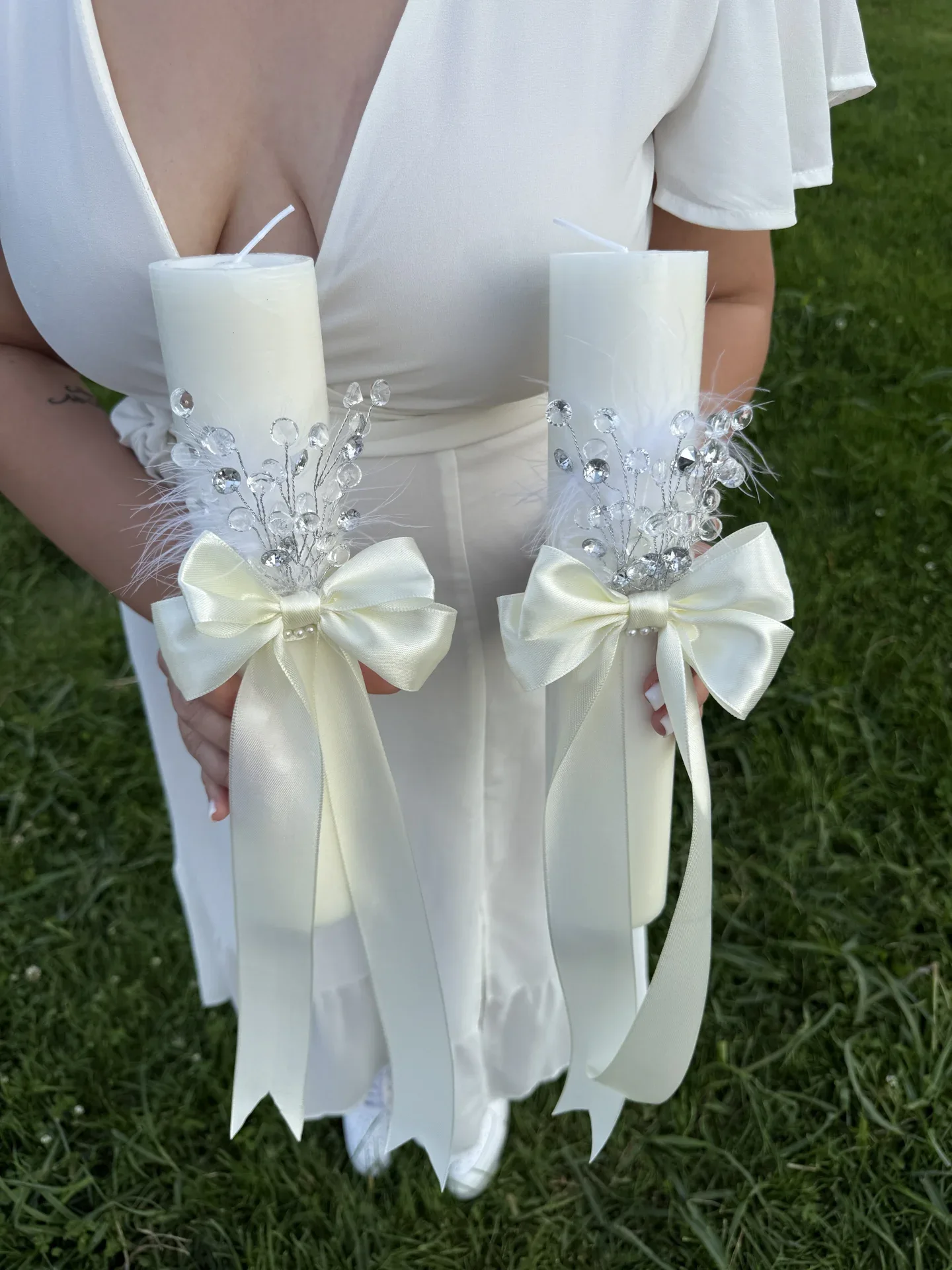 Lumânări de nuntă cu flori ivory
