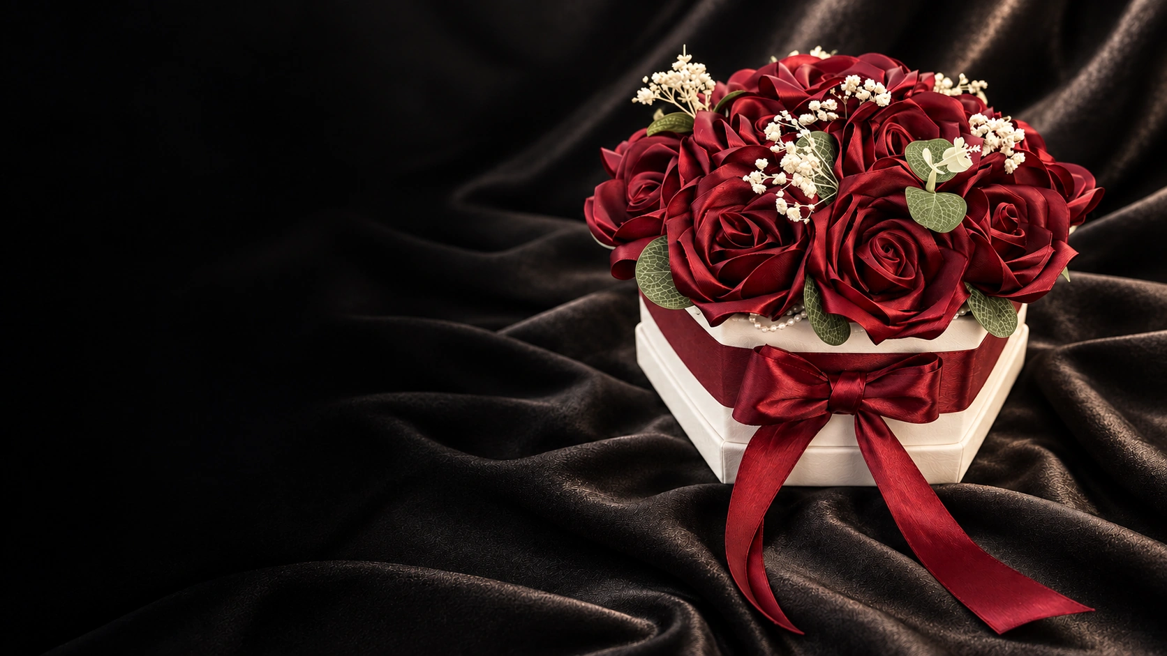 Aranjament VEV FLORALS cu trandafiri de satin burgundy într-o cutie în formă de inimă