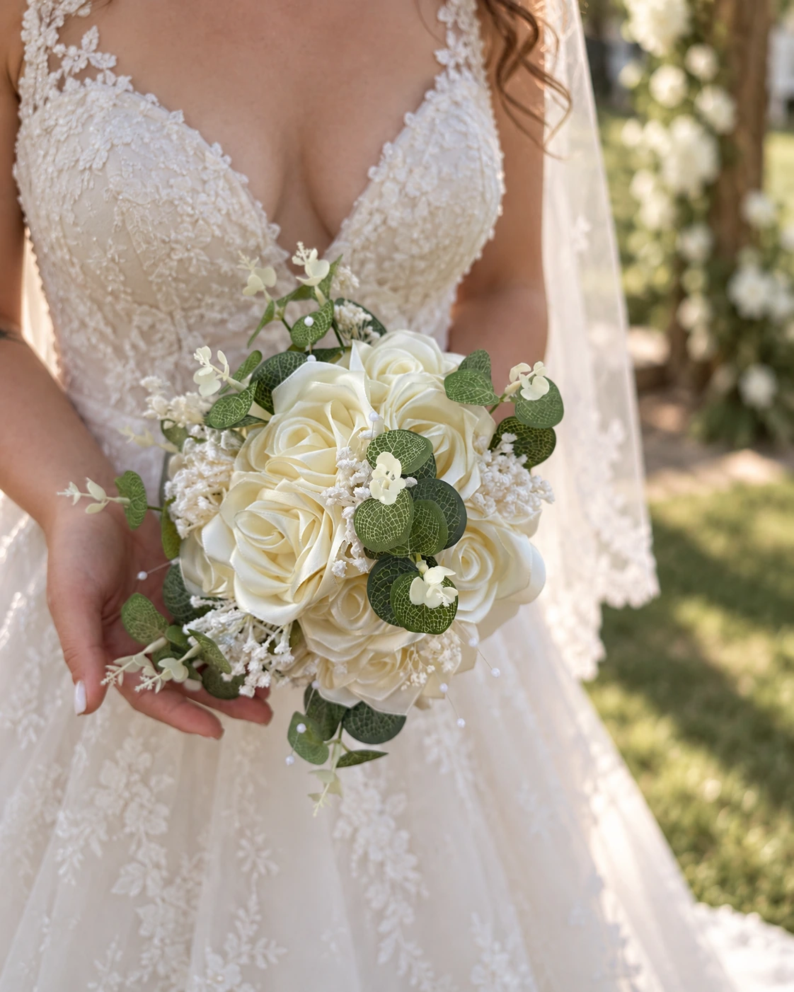 Detaliu al petalelor de satin din buchetul Ivory Elegance